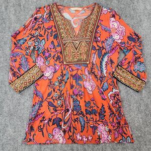 Soft Surroundings Top Womens XS Floral Sequin Embroidered 3/4 Sleeve Boho Tunic